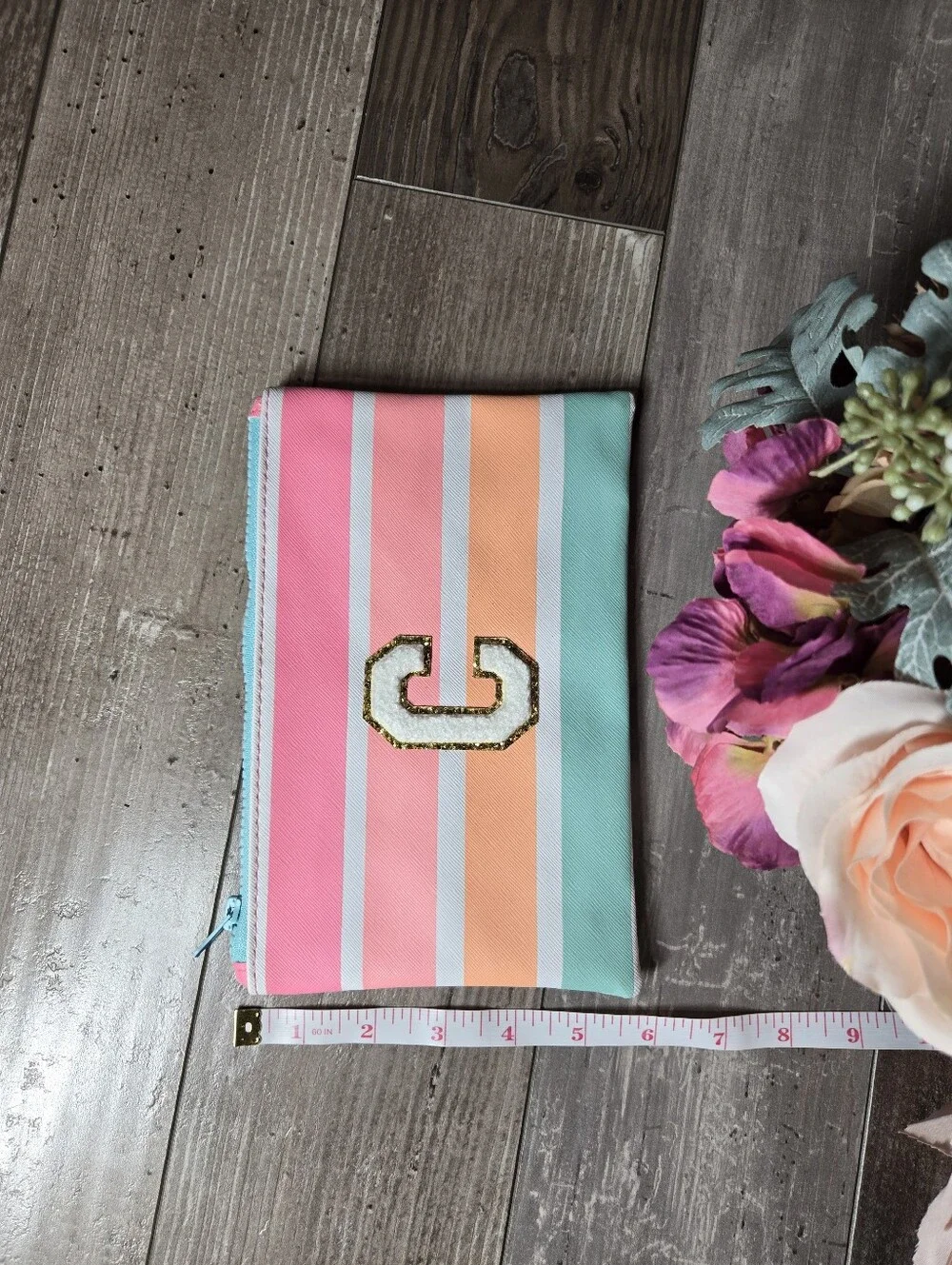 Nylon Striped Cosmetic Bag with C Patch